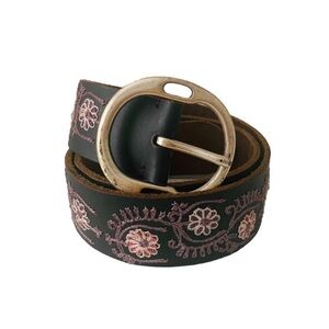 Lucky Brand Leather Floral Embroidered Black Belt Women Size L Bohemian Western